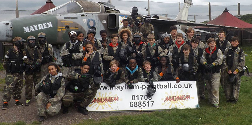 Group of children at Mayhem Paintball.